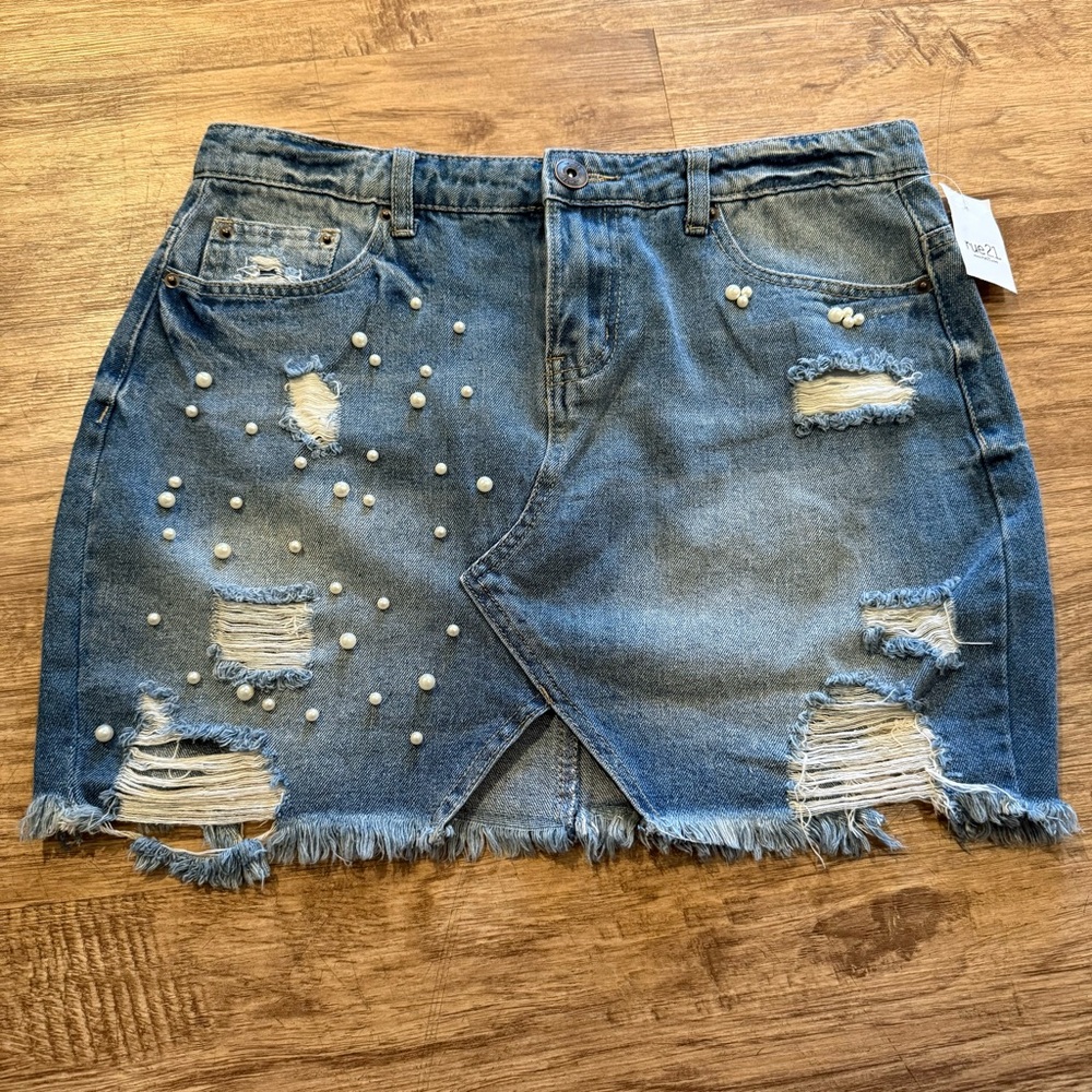 Rue21 Blue Denim Mini Skirt w/ Pearl Embellishedâ Distressed Med 100% Cotton Y2K